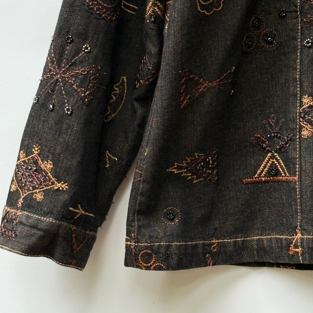 Chico's Jacket Womens 1 Medium Brown Native Southwest Embellished Denim Shacket - Picture 4 of 9